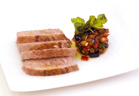 Seared tuna steak with aubergine caponata