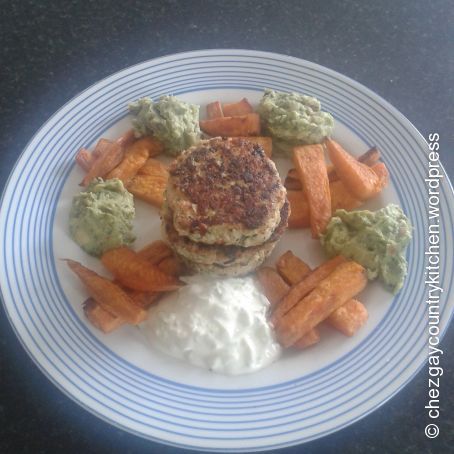Thai style turkey burgers with sweet potato chips and guacamole