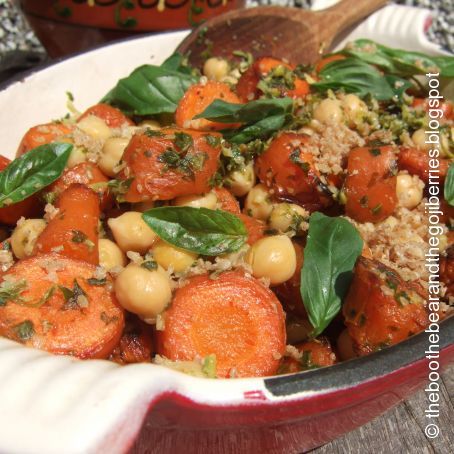 Roasted carrots and chickpeas with hemp pesto and gomasio