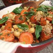 Roasted carrots and chickpeas with hemp pesto and gomasio
