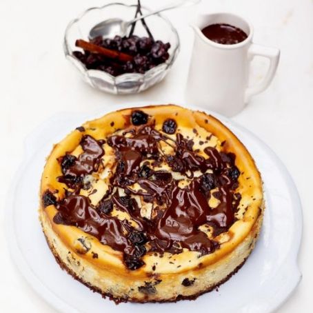 The best cherry & chocolate cheesecake with warm chocolate sauce.