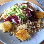 Grated Rainbow Salad with Sesame Feta Fritters