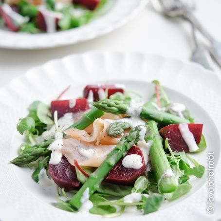 Tiffany Goodall’s Beetroot, British Asparagus & Smoked Salmon Salad with a Yoghurt and Pepper Dressing