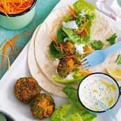 Sweet Potato and Pea Falafel with yogurt and herb sauce