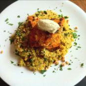 Moroccan Spiced Chicken, Bulgur Wheat Pilaf and Pecorino Ice cream