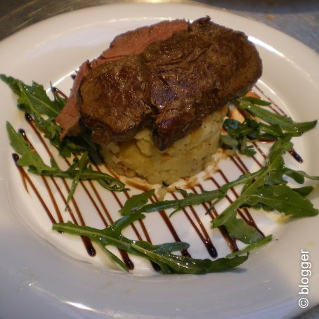 Fillet Steak Flambed in Cognac with Crushed Potatoes and Chives