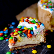 M&M Cheesecake with Chocolate Covered Pretzel Crust