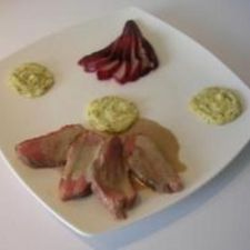 Duck breast with Pears in Red Wine and Roquefort Sauce