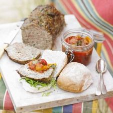 Meatloaf with squashed tomato & pepper salsa
