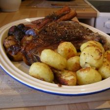 Pan roast rib of beef with thyme roasted vegetables