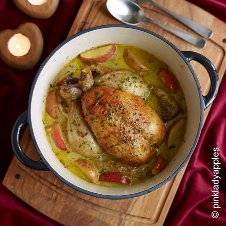 Pot-roast chicken with cider & Pink Lady® apples