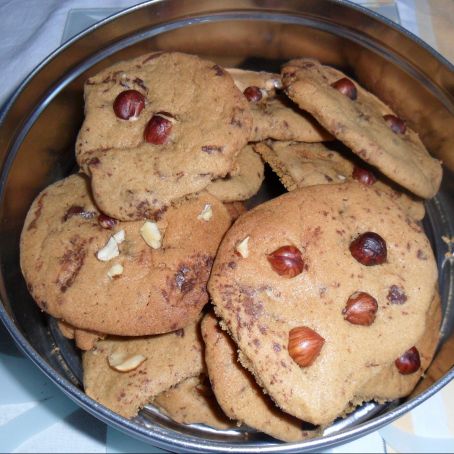Chocolate chip and hazelnut and almond cookies