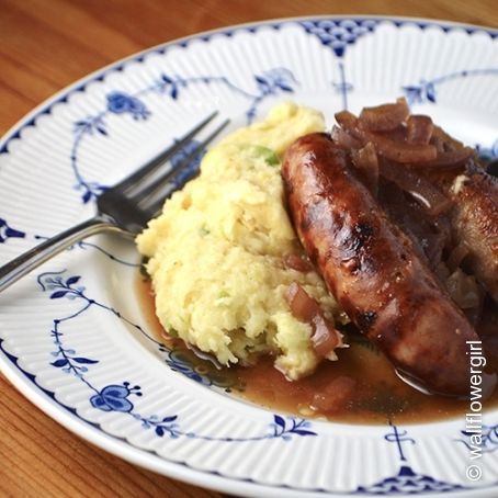 Sausages with Apple Parsnip Mash & Red Onion Gravy