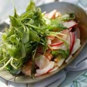 Scampi in crispy vegetables, radishes, turnips and rocket deglazed with sherry