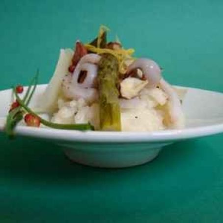 Risotto with green asparagus, squid, hazelnuts and Parmesan