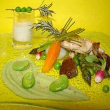 Medley of spring vegetables, mashed beans, veal with mustard and a rosemary emulsion