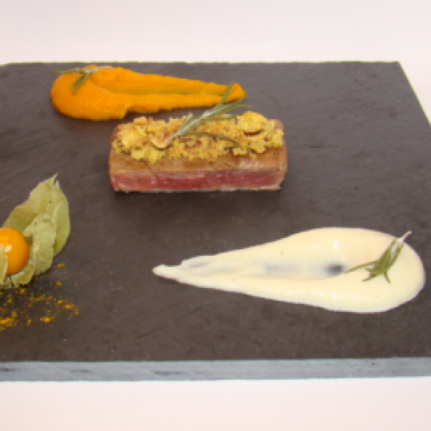Slate of grilled lamb with rosemary, hazelnut and orange zest crumble,  mashed pumpkin and artichokes