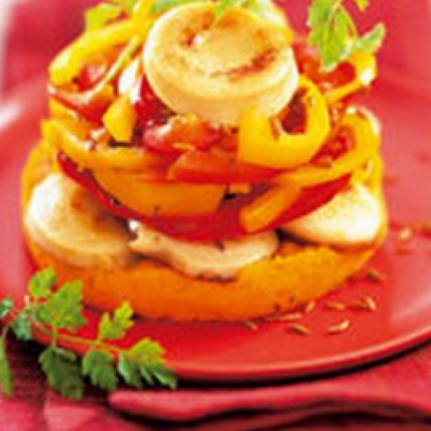 White pudding timbale with carrots and peppers