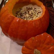 Cream of pumpkin soup with shellfish