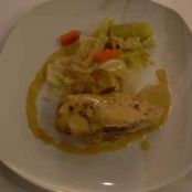 Chicken breasts with champagne, foie gras sauce and vegetable stew