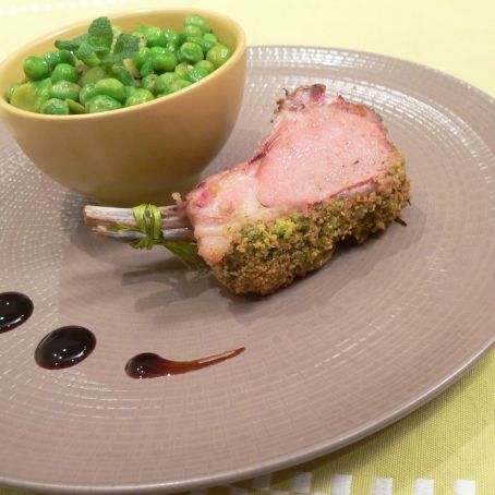 Pisttachio-crusted rack of lamb with a duo of peas and beans in lemon confit