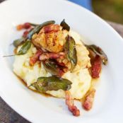 Seared scallops & creamy mash with crispy bacon and sage.