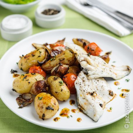 Whole Roast Jazzy Potatoes with Sea Bass, Tomatoes and Thyme