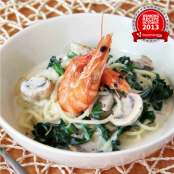 Prawn and kale garlic cream sauce spaghetti